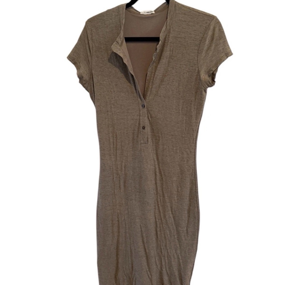 James Perse Henley Cap Sleeve Plunge Midi Heather Beige Dress Sz 1 / Small NWT